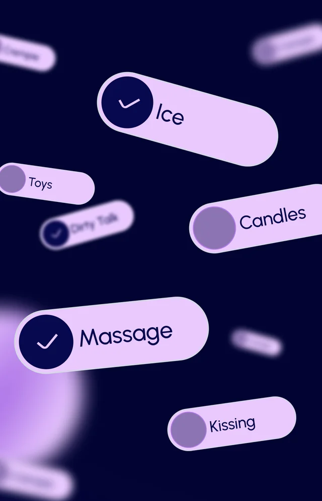 Intimately product artwork showing personal preferences including candles, massage, and kissing